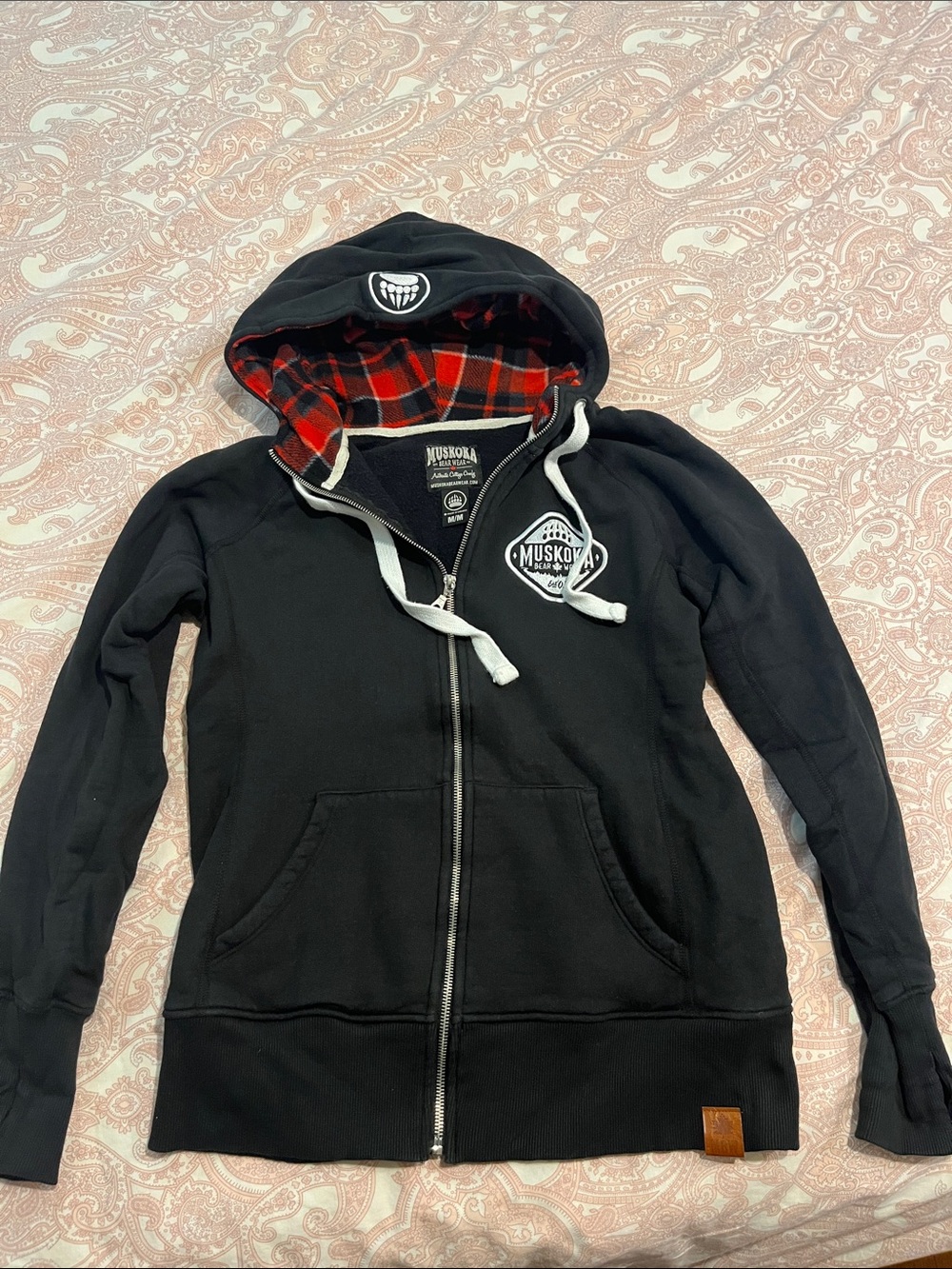 Black Zip-Up Hoodie with Red Plaid Lining
